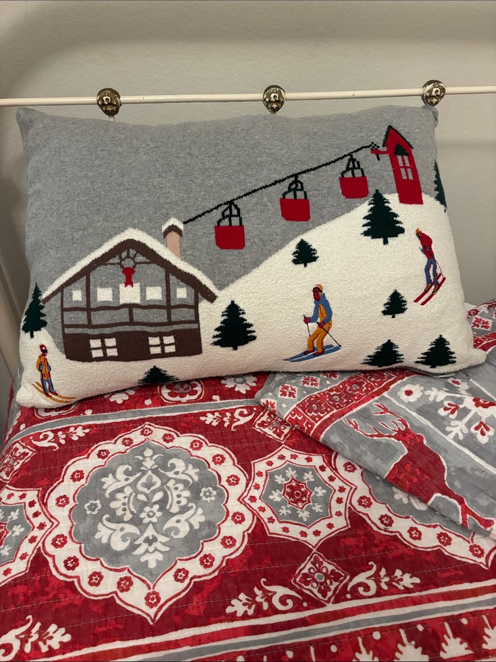Holiday Ski Lodge Decorative Throw Pillow - Gray, Red, White